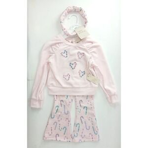 B Tween Baby Girl Pink Candy Cane Hearts 3pc Set Top Pant Headband 24Months